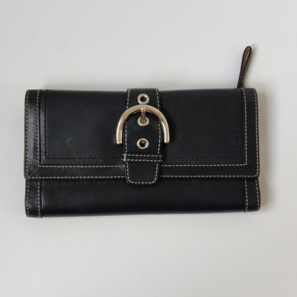 Authentic Coach Black Leather Bifold Wallet with Buckle Closure